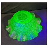 Uranium Green Glass Bowl - Textured Leaf Pattern with Scalloped Edge