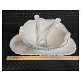 Beatriz Ball Beaded Edge Oval Bowl - White Ceramic with 2 Utensils