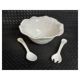 Beatriz Ball Beaded Edge Oval Bowl - White Ceramic with 2 Utensils