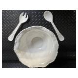 Beatriz Ball Beaded Edge Oval Bowl - White Ceramic with 2 Utensils
