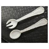 Beatriz Ball Beaded Edge Oval Bowl - White Ceramic with 2 Utensils