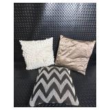 Decorative Throw Pillows - Zigzag Black/White, White Rosette, Taupe Satin (Lot of 3)