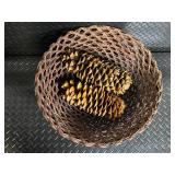 Woven Basket Set - 2 Round Baskets with Pinecones & White Spiky Decor Balls