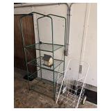Green Metal Mini Green House Shelving Unit and White Wire Cart