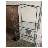 Green Metal Mini Green House Shelving Unit and White Wire Cart