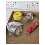 Vintage Headlight, Toy Fire Truck, Gas Cap with Key, and Tape Measure