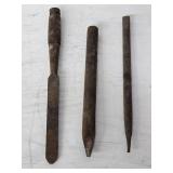 Old Blacksmith Tools including Flat Chisel, Point Chisel, and Round Chisel