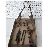 Various Vintage Hand Tools and Bits including Mohawk Hand Drill, Auger Bits, and Ice Tongs