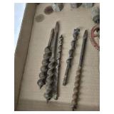 Various Vintage Hand Tools and Bits including Mohawk Hand Drill, Auger Bits, and Ice Tongs