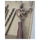 Various Vintage Hand Tools and Bits including Mohawk Hand Drill, Auger Bits, and Ice Tongs