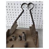 Various Vintage Hand Tools and Bits including Mohawk Hand Drill, Auger Bits, and Ice Tongs