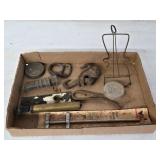 Assortment of Vintage Hardware Items including Hooks, Nozzle, and Paint Blender