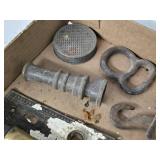 Assortment of Vintage Hardware Items including Hooks, Nozzle, and Paint Blender