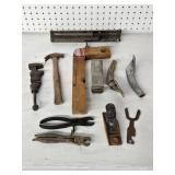 Set of Vintage Hand Tools Including Level and Tri Square, Planer, Hammer, and More