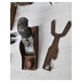 Set of Vintage Hand Tools Including Level and Tri Square, Planer, Hammer, and More