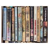 Box of Western Novels including Mack Bolan, Max Brand, and Elmer Kelton Books