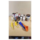 Automotive Fluids and Maintenance Supplies including Marvel Air Tool Oil, STP Power Steering Fluid, and Assorted Greases and Oils - Many Open and Used