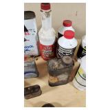 Automotive Fluids and Maintenance Supplies including Marvel Air Tool Oil, STP Power Steering Fluid, and Assorted Greases and Oils - Many Open and Used