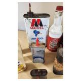 Automotive Fluids and Maintenance Supplies including Marvel Air Tool Oil, STP Power Steering Fluid, and Assorted Greases and Oils - Many Open and Used