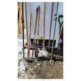 Lot of Garden Tools Including Shovels, Hoes, and Fork