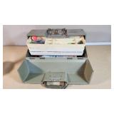 Union Fishing Tackle Box with Contents such as lures, hooks, bobbers, and a 1982 Minnesota Fishing Regulations booklet