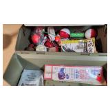 Union Fishing Tackle Box with Contents such as lures, hooks, bobbers, and a 1982 Minnesota Fishing Regulations booklet