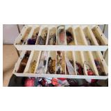 Union Fishing Tackle Box with Contents such as lures, hooks, bobbers, and a 1982 Minnesota Fishing Regulations booklet