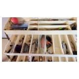 Union Fishing Tackle Box with Contents such as lures, hooks, bobbers, and a 1982 Minnesota Fishing Regulations booklet