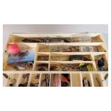 Union Fishing Tackle Box with Contents such as lures, hooks, bobbers, and a 1982 Minnesota Fishing Regulations booklet