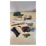 Assorted Tools and Camping Gear including Multi-Tool Ax, Knives, and Camping Accessories