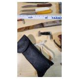 Assorted Tools and Camping Gear including Multi-Tool Ax, Knives, and Camping Accessories