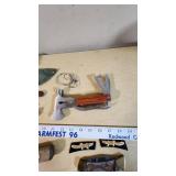 Assorted Tools and Camping Gear including Multi-Tool Ax, Knives, and Camping Accessories