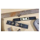 Assorted Hand Tools including Levels, Squares, and Chalk Lines