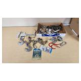 Lot of Hand Tools and Hardware Items including Grease Guns, Hooks, Chains, and Hinges