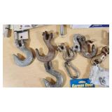 Lot of Hand Tools and Hardware Items including Grease Guns, Hooks, Chains, and Hinges