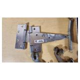 Lot of Hand Tools and Hardware Items including Grease Guns, Hooks, Chains, and Hinges