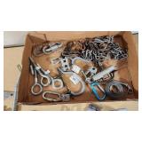 Lot of Hand Tools and Hardware Items including Grease Guns, Hooks, Chains, and Hinges