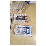 Assorted Paint and Craft Supplies including Acrylic Paint Set, Paint Brushes, Sand Paper, and Drop Cloth