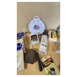 Assorted Paint and Craft Supplies including Acrylic Paint Set, Paint Brushes, Sand Paper, and Drop Cloth