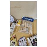Assorted Paint and Craft Supplies including Acrylic Paint Set, Paint Brushes, Sand Paper, and Drop Cloth