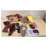 Assorted Construction Safety Gear including Tool Belt, Hard Hat, and Gloves