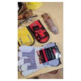 Assorted Construction Safety Gear including Tool Belt, Hard Hat, and Gloves