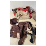 Assorted Construction Safety Gear including Tool Belt, Hard Hat, and Gloves