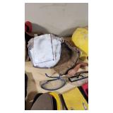 Assorted Construction Safety Gear including Tool Belt, Hard Hat, and Gloves