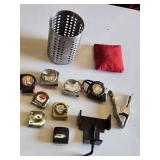 Lot of Hand Tools including Tape Measures, Metal Clamp, and Metal Holder