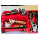 Toolbox with Assorted Tools and Accessories including a Flashlight, Sockets, and Rope