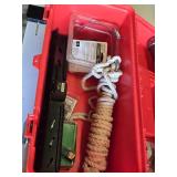 Toolbox with Assorted Tools and Accessories including a Flashlight, Sockets, and Rope