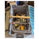 Lot of Hand Tools and Hardware including C-Clamp, Hammer, and Sockets, Wire Strippers, Stud Sensor