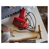 Tool Shop Soldering Gun and Assorted Tools, wire spool, various hand tools, a bathroom suction handle, and a toolbox