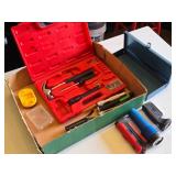 Assorted Hand Tools and Flashlights including Claw Hammer, Utility Knife, and Bit Driver Set